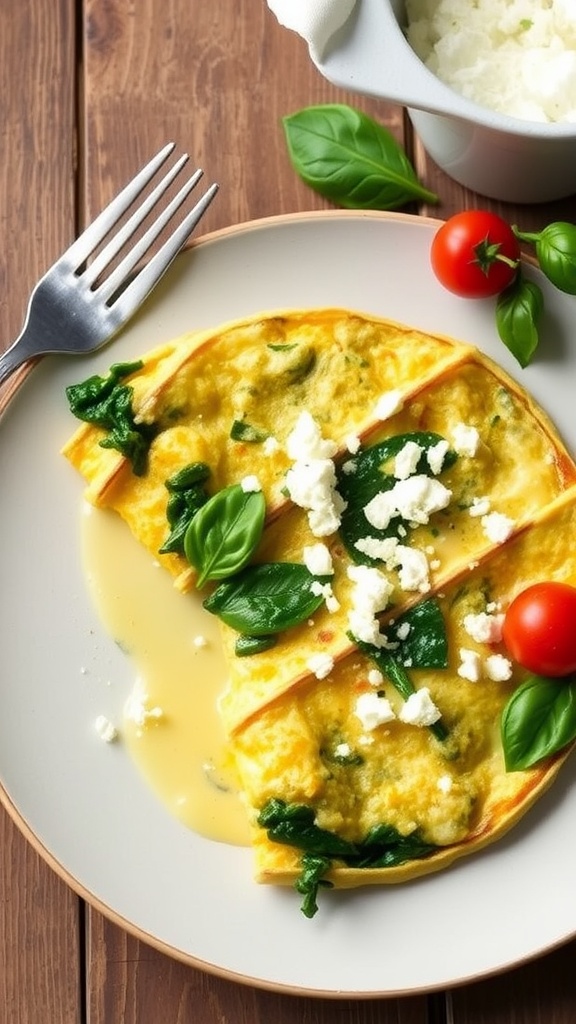 A fluffy spinach and feta omelette on a plate, garnished with feta cheese and served with cherry tomatoes.